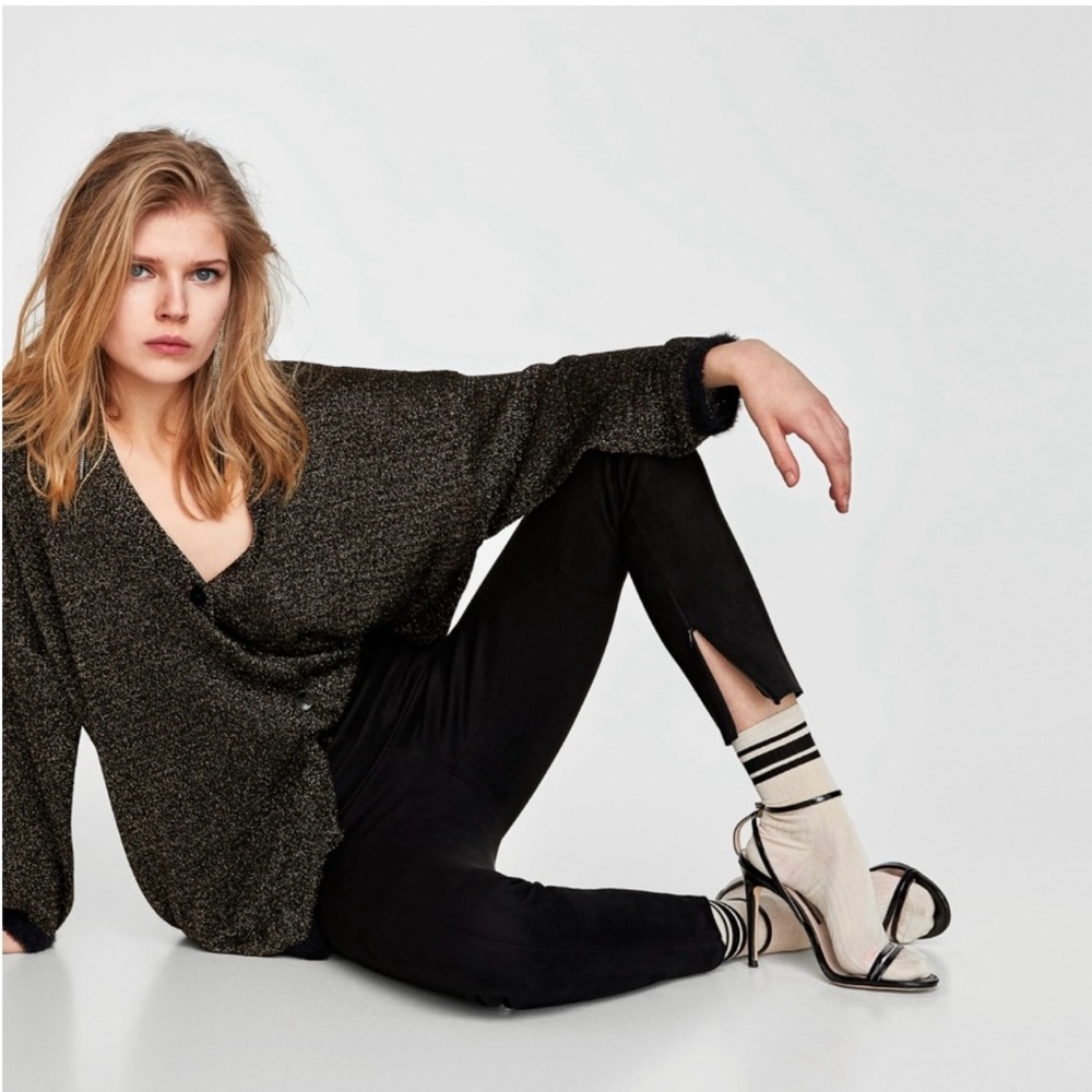 Zara Faux Suede Black Leggings, Zipper Hem - Picture 6 of 15